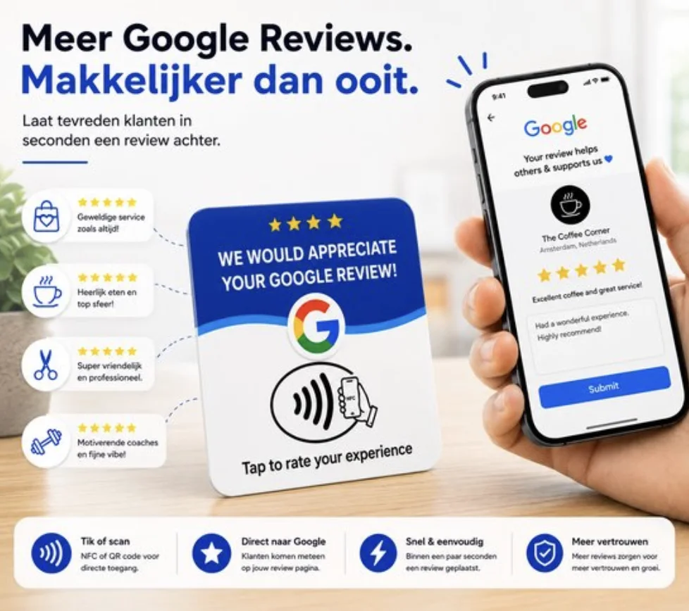 Reviewkaart met NFC- en QR-optie voor een snelle reviewvraag.